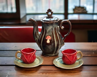 Hand-made Ceramic Mushroom Tea Pot Teapot - Tea Cup Set - Cups - Stoneware Clay - Mushrooms - Cottage Core - Forest - Woodland - Espresso