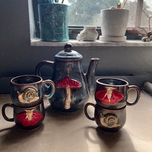 Hand-made Ceramic Mushroom Snail Moth Tea Pot Teapot - Tea Cup Set - Cups - Clay - Cottage Core - Cottage Woodland - Mushrooms - Moths