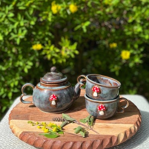 Hand-made Ceramic Mushroom Tea Pot Teapot - Tea Cup Set - Tea Pot and Cups - Stoneware Clay - Mushrooms - Cottage Core - Cottage - Woodland
