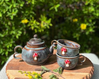 Hand-made Ceramic Mushroom Tea Pot Teapot - Tea Cup Set - Tea Pot and Cups - Stoneware Clay - Mushrooms - Cottage Core - Cottage - Woodland