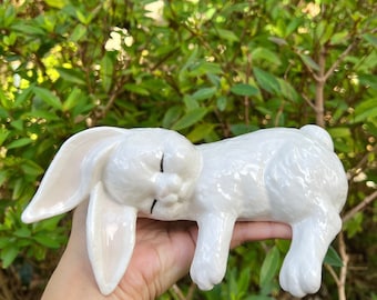 Hand-made Ceramic Sleeping Bunny - Rabbit - Shelf Sitter - Ornament 70s Vibe - Stoneware Clay - Bunnies - Boho - Cottagecore - Cottage Core