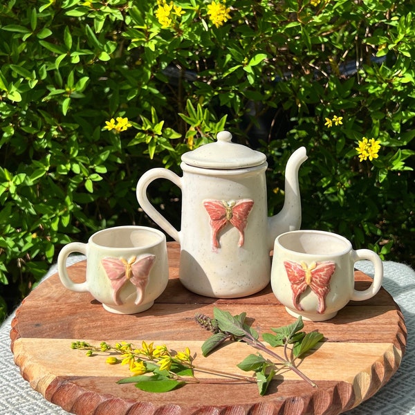 Ready to Ship Hand-made Ceramic Moth Tea Pot Teapot - Tea Cup Set - Cups - Stoneware Clay - Moths - Cottage Core - Cottage Woodland