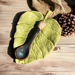 Hand-made Ceramic Leaf Spoon Rest Tea Bag Holder with Matching Acorn Spoon - Clay - Woodland - CottageCore - Cottage Core - Forest