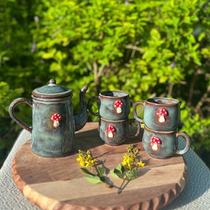Hand-made Ceramic Mushroom Tea Set - Teapot - Tea Cups Set - Mushrooms - Cottage Core - Cottage Woodland - Cottagecore Cup - Toadstool