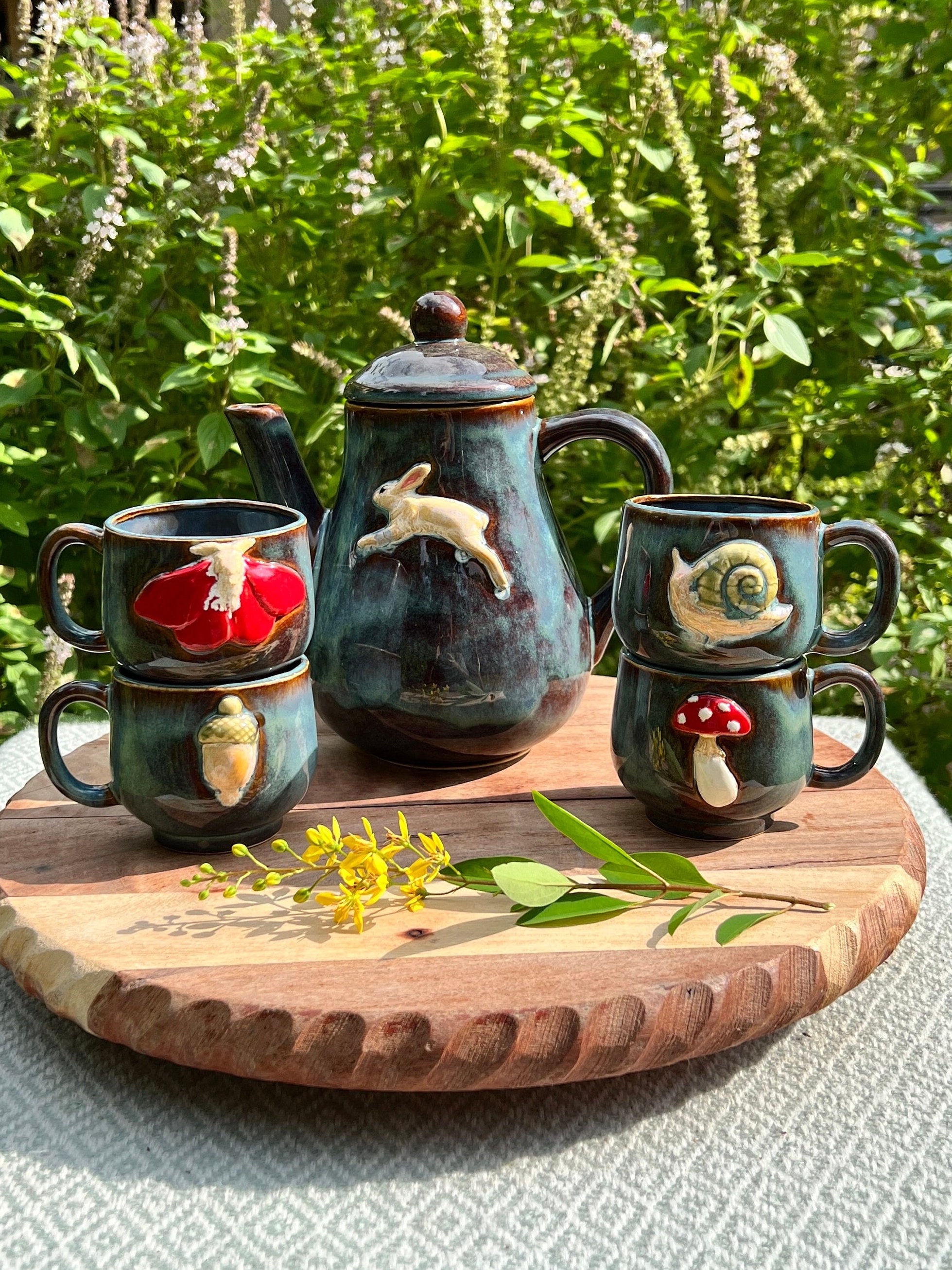 Hand-made Ceramic Bunny Mushroom Snail Acorn Tea Pot Teapot - Tea