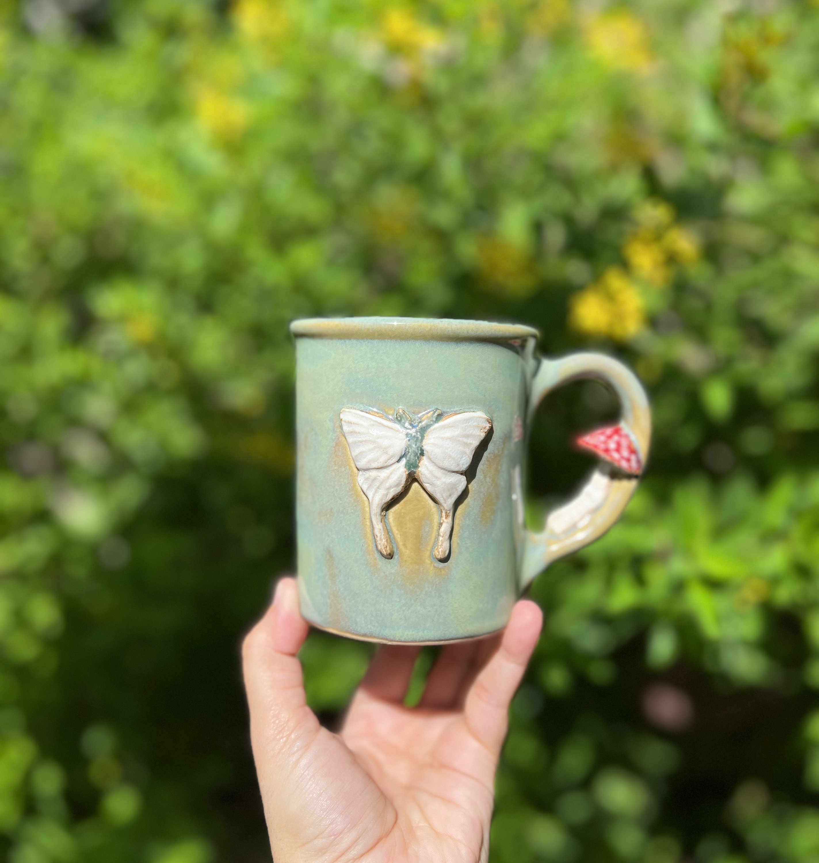 Hand-made Ceramic Moth Mushroom Mug Cup - Earthy - 70s Vibe - Porcelain Clay - Butterflies - Mushrooms - CottageCore Woodland Cottage