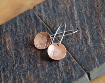 etched copper earrings on silver hooks handmade
