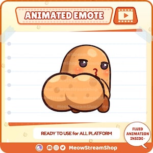 Peut inclure: Une émoticône animée représentant une pomme de terre de dessin animé avec une expression surprise. L'émoticône est brun clair avec un contour foncé et est prête à être utilisée sur toutes les plateformes. Le texte "ANIMATED EMOTE" et "READY TO USE FOR ALL PLATFORM" est inclus.