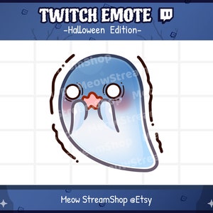 May include: A blue ghost with a surprised expression, blushing pink, with large white eyes and a wide open mouth. The ghost is outlined in black and has a wavy, textured border. The text "Twitch Emote -Halloween Edition- " is at the top of the image.