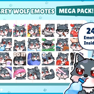 Twitch Emote / Cute Grey Wolf Mega Pack #1 Emotes (24 Emotes Ready to use!) / Kawaii Grey Wolf Dog Canis Halloween Sub Emoji