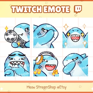 Twitch Emote / Cute Shark Emotes Pack #4 (pistolet Gatling, paume du visage, Excité, Sheesh, Jam, Dab) / requins kawaii chibi, bébé, chiots Sub Emoji