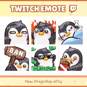 Könnte beinhalten: Ein Satz von neun Twitch-Emojis mit einem Cartoon-Pinguin in verschiedenen Posen. Der Pinguin trägt einen schwarz-weißen Smoking und hat einen roten Schnabel. Die Emojis zeigen den Pinguin beim Schlafen, Schokoladenessen, Sonnenbrillen tragen, einen Bannhammer halten und in Flammen stehen.