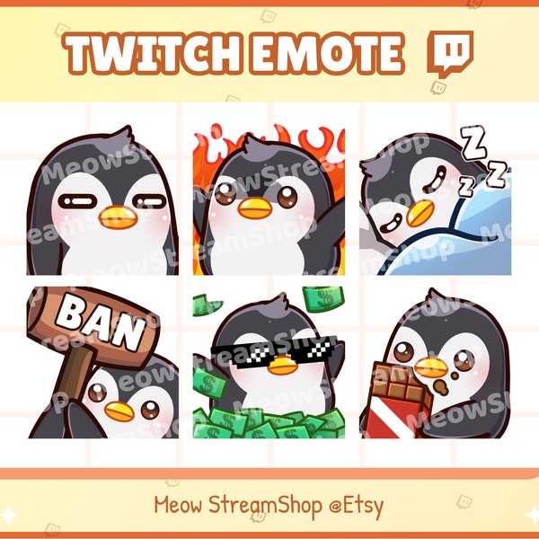 Twitch Emote  / Cute Penguin Emoji Pack 3 (Flate face, Fire rise elmo, Sleep, Ban, Money, Eat ) / Cute Penguin Emote for streamer / Discord