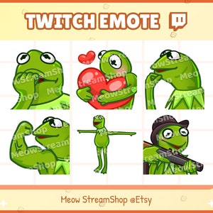 以下が含まれることがあります： 様々なポーズの緑色のカエルのTwitch絵文字6個セット。ハートを持ったり、銃を持ったりしています。「TWITCH EMOTE」の文字が上部にあり、ショップ名「Meow StreamShop @Etsy」が下部にあります。