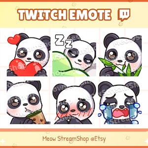 Twitch Emote / Panda Emoji Pack #2 (Corazón, Sueño, Comer nom nom, Sip boba, Tímido, Llorar) / Lindo Kawaii Panda Sub Emoji para streamer