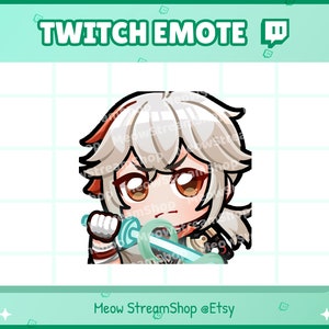 May include: A digital illustration of a cartoon character with white hair, red eyes, and a white and red outfit holding a blue and green sword. The character is looking to the right. The image is labeled "Twitch Emote" and "Meow StreamShop @Etsy".