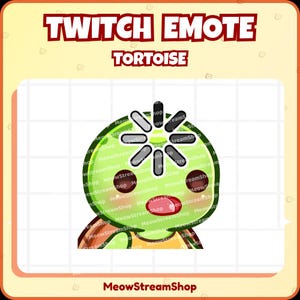 May include: A green cartoon tortoise with a loading symbol on its head. The tortoise is wearing a brown shell and an orange shirt. The text "TWITCH EMOTE TORTOISE" is at the top of the image.