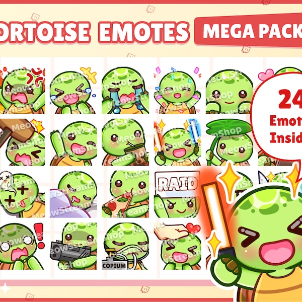Twitch Emote / Cute Tortoise Mega Pack #1 Emotes ( 24 Emotes Ready to use! ) / Tortuga kawaii, reptil, tortuga marina Sub Emoji