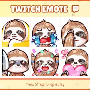 Twitch Emote  / Cute Sloth Emotes Pack #1 (cozy, cry, facepalm, knife, hype, heart) / kawaii lazy sloth animal Sub Emoji