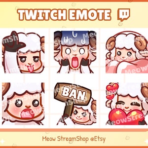 Twitch Emote / Cute Sheep Emotes Pack #1 (Loser, Scared, Comfy, Gasp, Ban, Heart) / Kawaii Lamb Goat Ewes Tup Youtube Discord Sub Emoji