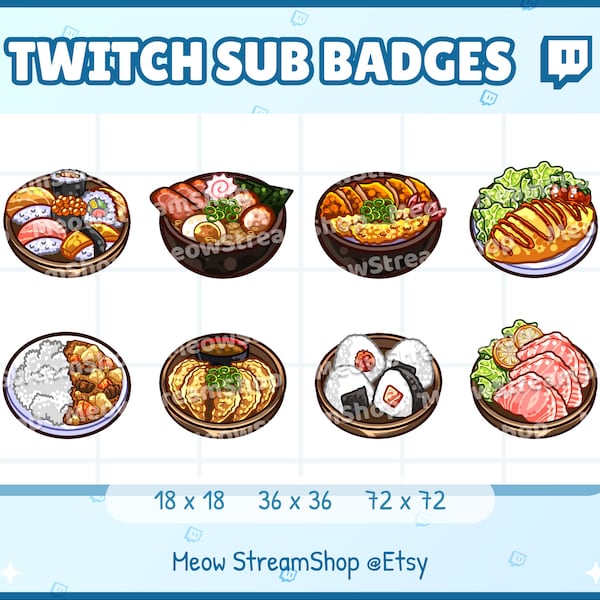 8x Twitch Sub, bit Badges - Japanese cuisine, sushi, sashimi, katsu, omurice, curry, gyoza, onigiri, ramen, food - Sub badges for streamer