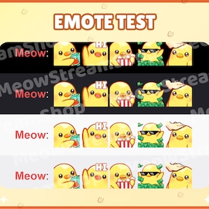 May include: Four rows of animated yellow chick emotes with different expressions. The first row shows a chick holding a watermelon, a chick waving, a chick holding a bucket of popcorn, a chick wearing sunglasses and a money pile, and a chick with a hand on its head. The second row shows the same emotes but with a red text box that says "Meow:" in front of them. The third and fourth rows show the same emotes but with a red text box that says "Meow:" in front of them.