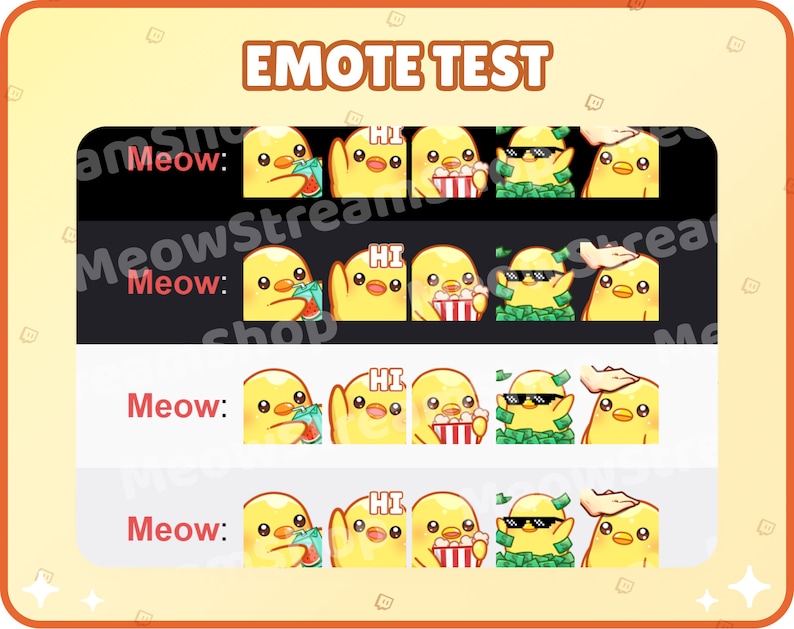May include: Four rows of animated yellow chick emotes with different expressions. The first row shows a chick holding a watermelon, a chick waving, a chick holding a bucket of popcorn, a chick wearing sunglasses and a money pile, and a chick with a hand on its head. The second row shows the same emotes but with a red text box that says "Meow:" in front of them. The third and fourth rows show the same emotes but with a red text box that says "Meow:" in front of them.