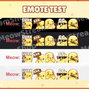 May include: A digital image showing four different Twitch emotes. The emotes are all yellow and feature a cartoon chicken. The emotes are "Lurk Ban", "GG", "Meow", and "GG".