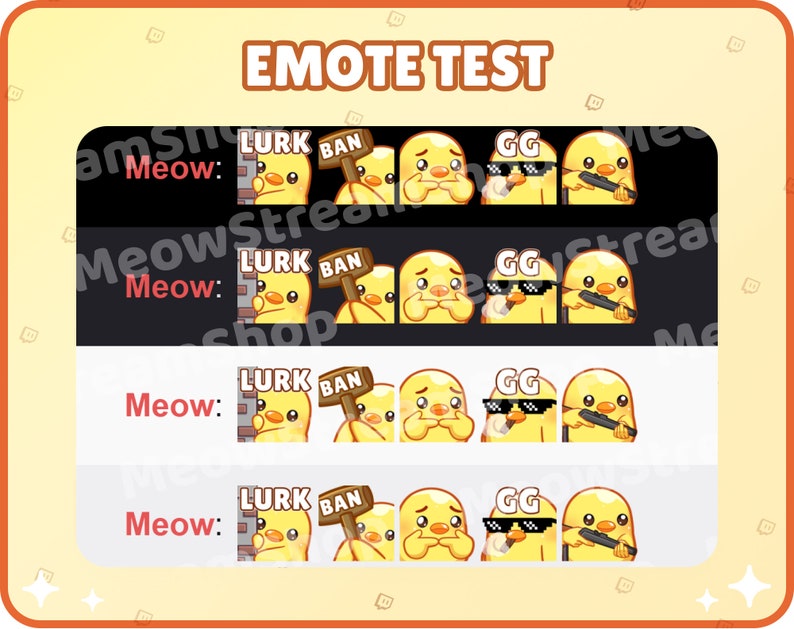 May include: A digital image showing four different Twitch emotes. The emotes are all yellow and feature a cartoon chicken. The emotes are "Lurk Ban", "GG", "Meow", and "GG".