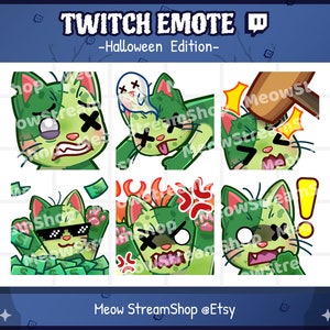 Twitch Emote  / Cute Zombie Cat Emotes Pack #2 (yikes, rip, bonk, money, angry, shock) / Kawaii Zombie Kitten Halloween Sub Emoji