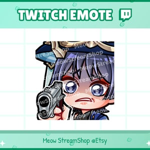 May include: A Twitch emote featuring a cartoon character with blue hair, wearing a blue and gold hat, holding a gun and making a surprised expression. The emote is set against a white grid background.
