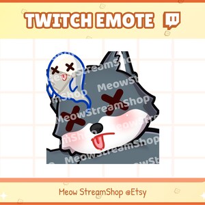 May include: A gray wolf with a red X over its eye and a tongue sticking out. A white ghost with a blue outline and red X's for eyes is behind the wolf. The text "MeowStreamShop" is visible in the background.