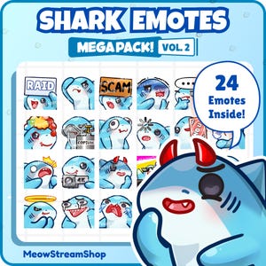 Twitch Emote  / Cute Shark Mega Pack #2 Emotes ( 24 Emotes Ready to use! ) / Kawaii Shark chibi Emoji for Discord, YouTube, Kick, TikTok