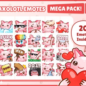Twitch Emote / Cute Axolotl Mega Pack Emotes ( 20 Emote Pronte all'uso! ) / Cute salamander rosa Sub Emoji
