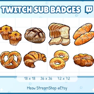 8x Twitch Sub, Bit Badges - Süßes Gebäck, Brot, Cupcake, Teig, Croissant, Bagel, Grissini, Brezel, Muffin, Loaf - Sub-Anstecker für Streamer