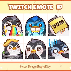 Puede incluir: Una colección de seis emoticonos de pingüinos de dibujos animados con varias expresiones. Un pingüino vomita un arcoíris, otro tiene un letrero de 'DUM', y otros muestran emociones como preocupación y confusión. El texto "TWITCH EMOTE" está en la parte superior.