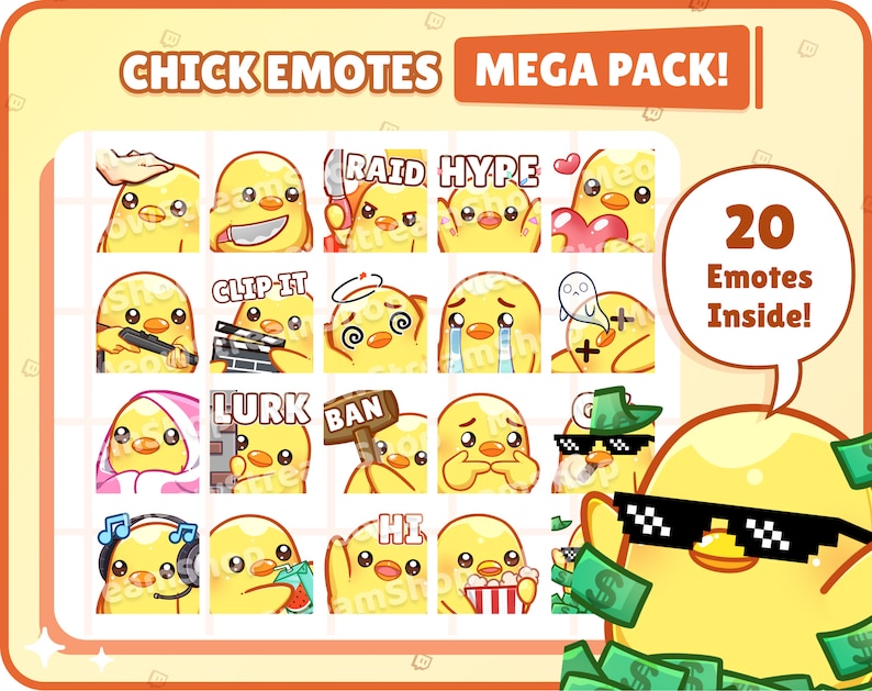 May include: A set of 20 animated emotes featuring a yellow chick with different expressions and actions. The emotes include "Raid Hype", "Clip It", "Lurk", "Ban", and "Hi".