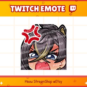May include: Twitch emote featuring a cartoon character with brown hair, blue eyes, and a red angry face. The character is wearing a gold and black headband and a red and white collar.