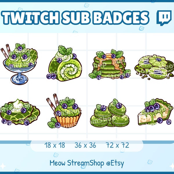 8x Twitch Sub, bit Badges - MATCHA dulces, postre, helado, panqueques, swiss roll, galleta, gofre, cupcake - Sub insignias para streamer