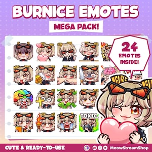Emotes Twitch / Mégapack d&#39;émoticônes Burnice (24 émoticônes prêtes à l&#39;emploi !) / Sub emoji Zenless Zone Zero pour streamer / Discord, Kick / Chibi Kawaii
