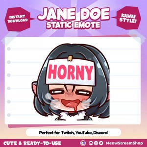 May include: A digital illustration of a cartoon character with dark blue hair and a pink mouth. The character is wearing a white shirt and a headband that says "HORNY" in pink letters. The character has a blushing face and is looking down.