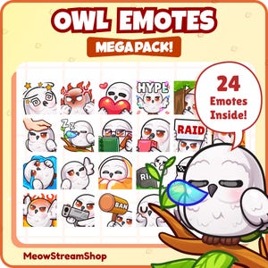 Twitch Emote / Cute Owl Mega Pack #1 Emotes (24 Emotes Ready to use!) / Kawaii white Owl Sub Emoji for Twitch, youtube, Kick, Discord