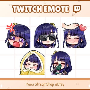 May include: Set of five Twitch emotes featuring a cartoon character with purple hair, wearing a yellow crown and different expressions. The emotes include angry, cool, blushing, sleepy, and drinking tea.