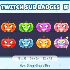 May include: Set of eight Halloween-themed Twitch sub badges featuring a pumpkin with a menacing grin in various colors, including orange, green, purple, pink, red, blue, yellow, and rainbow. The badges are available in three sizes: 18x18, 36x36, and 72x72 pixels.
