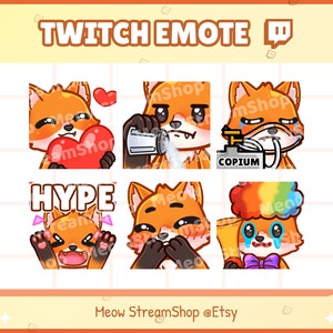 Twitch Emote / Cute fox Emotes Pack #1 (Heart, Salty, Copium, Hype, Giggle, Clown) / kawaii Fox chibi Sub Emoji