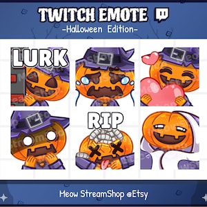 Twitch Emote  / Cute Witch Pumpkin Emotes Pack (Lurk, Cry, Heart, Shock, RIP, Comfy) / Kawaii Witch Pumpkin Halloween emoji / discord