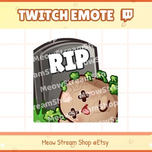 May include: A Twitch emote featuring a brown potato with a sad face and a tombstone with the word "RIP" on it. The potato is surrounded by green grass.