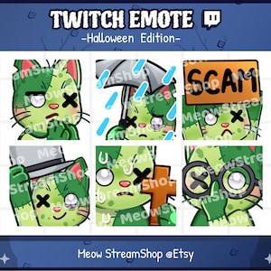 Twitch Emote  / Cute Zombie Cat Emotes Pack #8 (hmm, rain, scam, mlady, christ, nerd) / Kawaii Zombie Kitten Halloween Sub Emoji