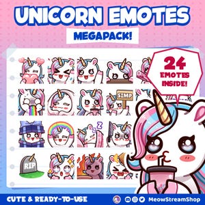 Emote Twitch / Emote MegaPack unicorno arcobaleno carino (24 Emote pronte all'uso!) / Emoji chibi unicorno kawaii / per discord, youtube, Twitch, kick