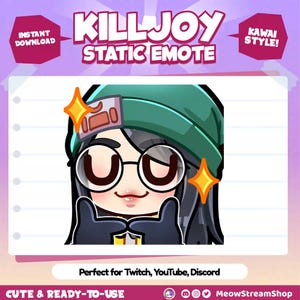 Könnte beinhalten: Eine digitale Illustration des Killjoy-Charakters aus dem Videospiel Valorant. Der Charakter ist im Kawaii-Stil mit großen Augen, einer grünen Mütze und einem gelben Shirt gezeichnet. Der Charakter formt mit seinen Händen ein Herz und hat funkelnde Sterne um sich herum. Der Text "KILLJOY STATIC EMOTE" steht über dem Charakter.